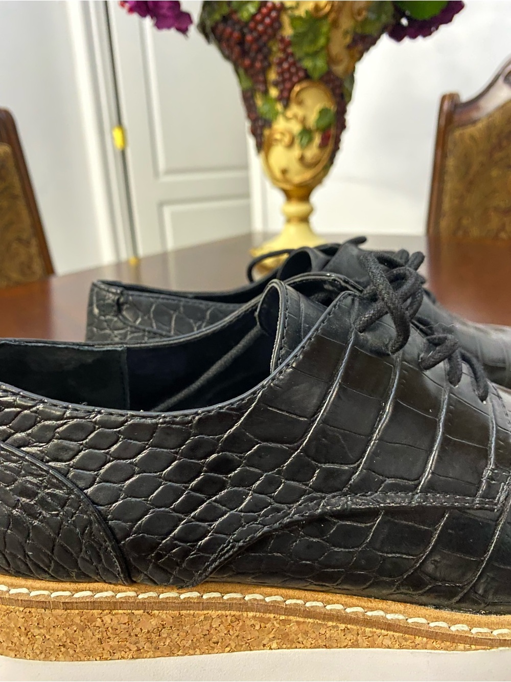 Steve Madden Black Croc-Embossed Lace-Up Platform Oxfords with White Sole - Picture 12 of 15